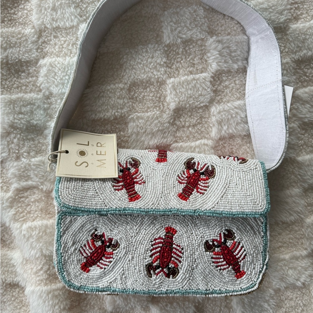 White and Red Beaded Lobster Bag